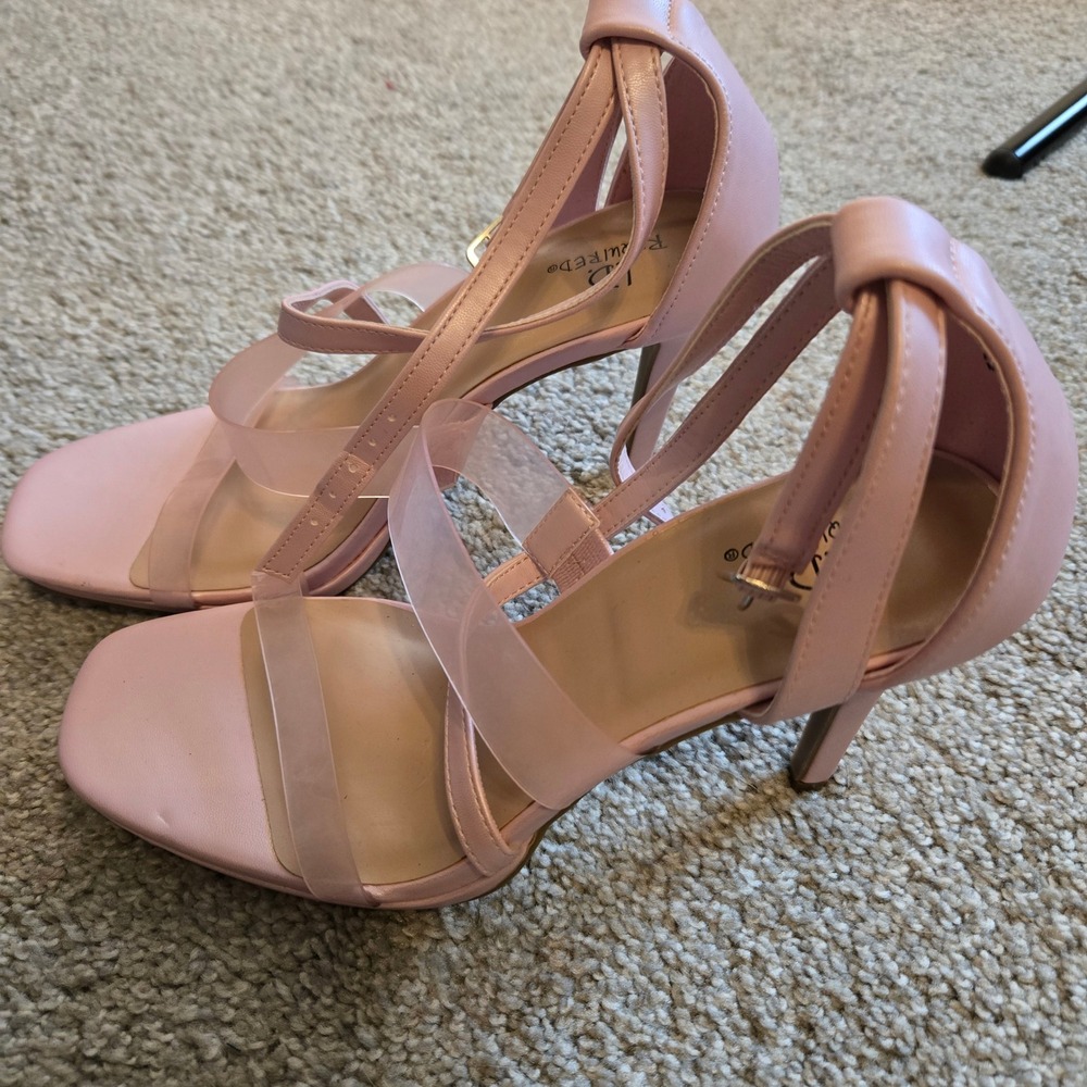 I.D. Required Pink Clear Strap Stiletto Sandals Ankle Strap Square Toe Heels 8.5 - Picture 3 of 7